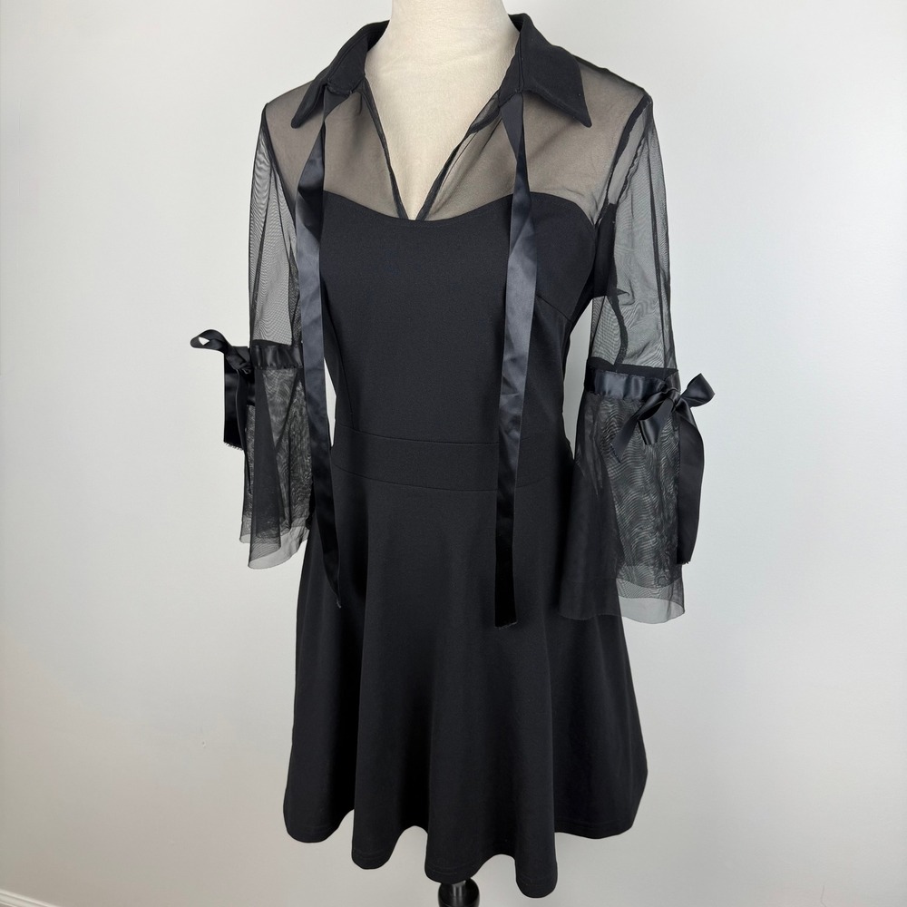 Black Mesh Sheer Bell Sleeve Gothic Dress Satin Ribbon Tie Bows Mini Size Large - Picture 3 of 10